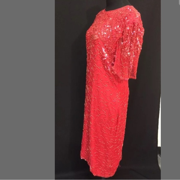 Beaded Sequined Vtg Red Silk Cocktail Dress Sz Sm - Picture 3 of 11